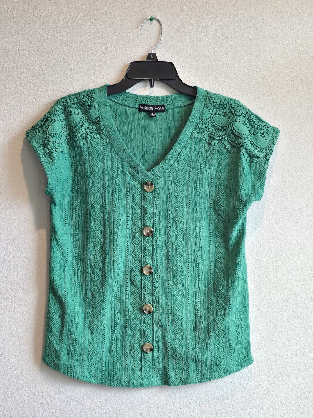 Vintage Rose Green Lace-Trim Button Front Blouse